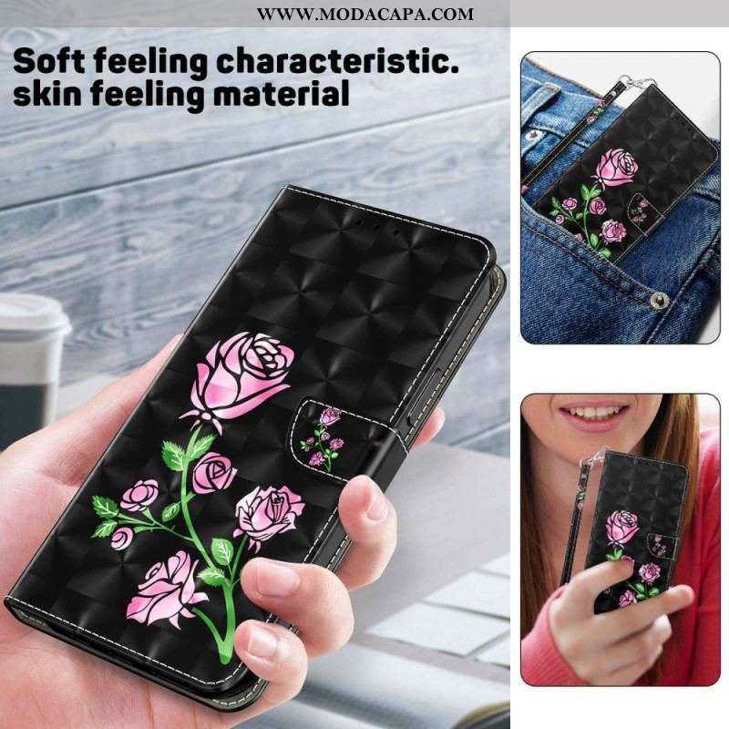 Capa De Couro Para Samsung Galaxy A14 / A14 5G De Cordão Rosas De Alça