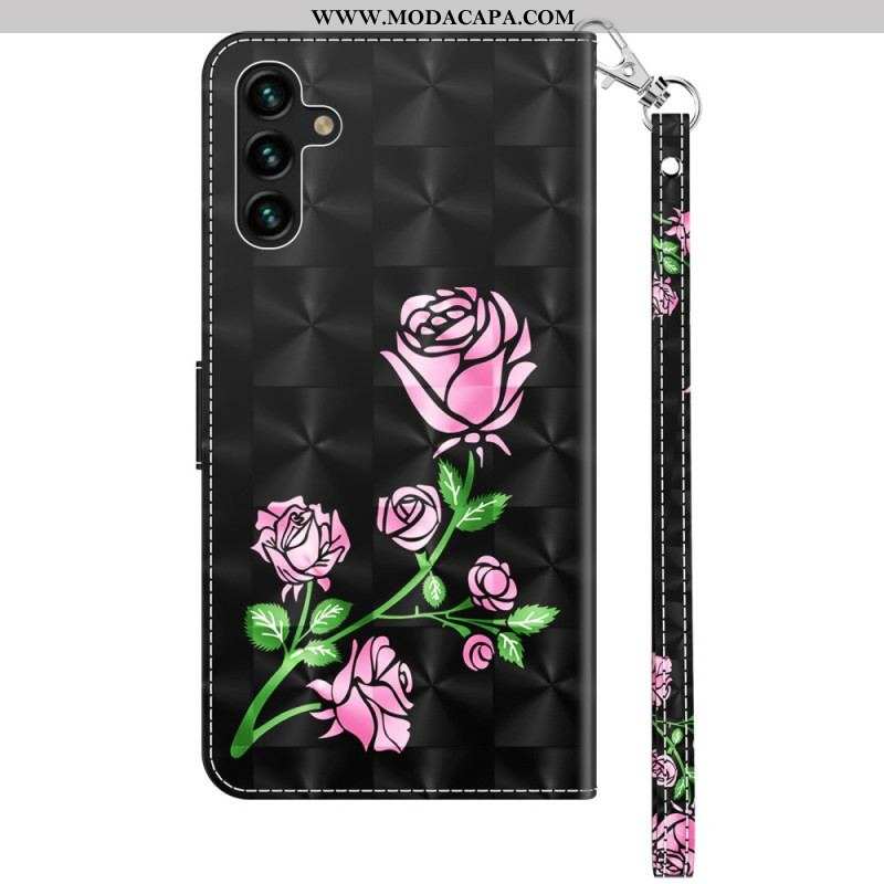 Capa De Couro Para Samsung Galaxy A14 / A14 5G De Cordão Rosas De Alça