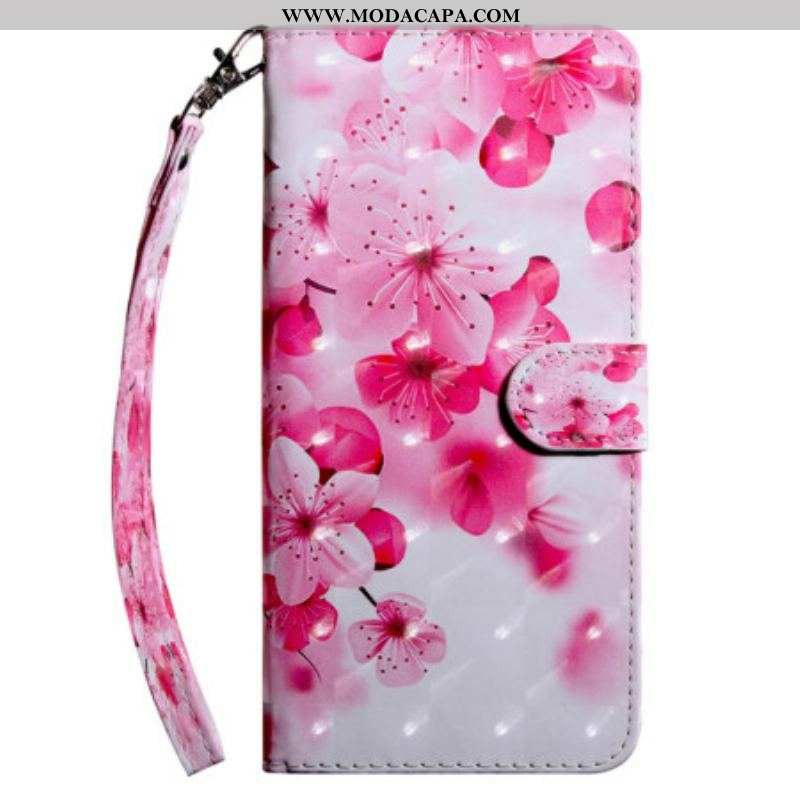 Capa De Couro Para Samsung Galaxy A14 / A14 5G De Cordão Flores Cor-de-rosa Com Tiras