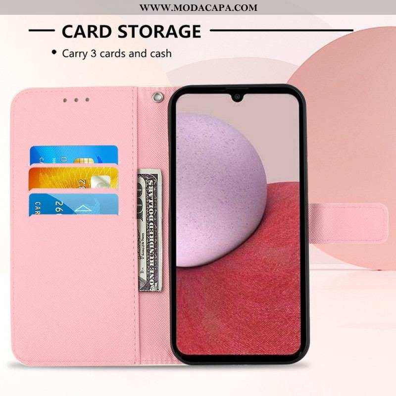 Capa Capa Folio Para Samsung Galaxy A14 / A14 5G De Cordão Strap Poppy