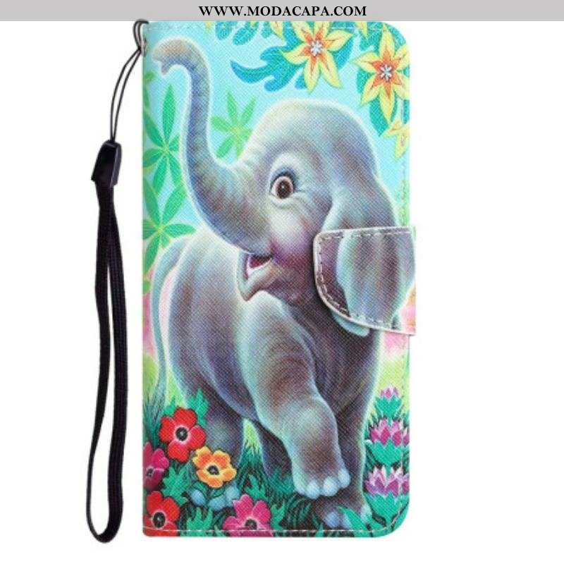 Capa Flip Para Samsung Galaxy A14 / A14 5G De Cordão Elefante Alegre Com Cordão