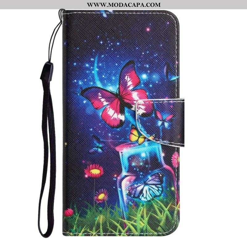 Capa Flip Para Samsung Galaxy A14 / A14 5G De Cordão Borboletas De Fada Com Cordão