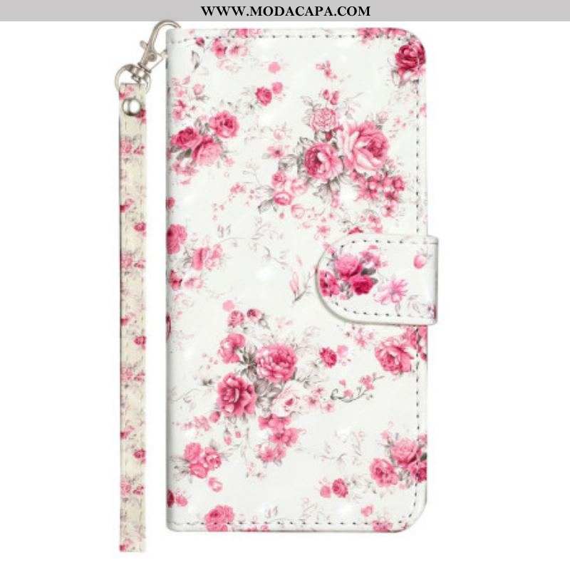 Capa Flip Para Samsung Galaxy A14 / A14 5G De Cordão Flores Da Liberdade Da Correia