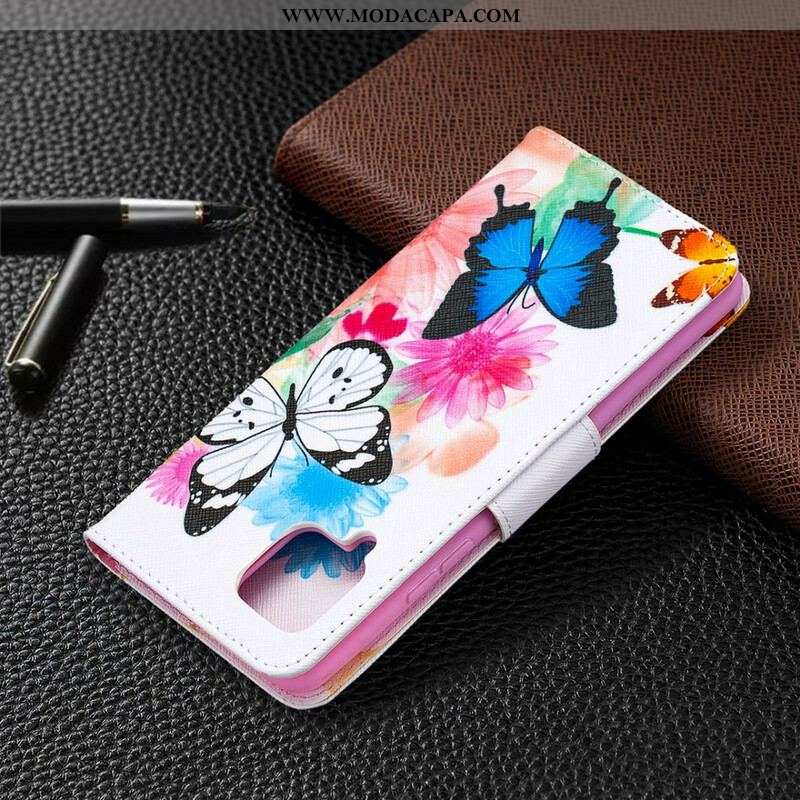 Capa Flip Para Samsung Galaxy A42 5G Borboletas E Flores Pintadas