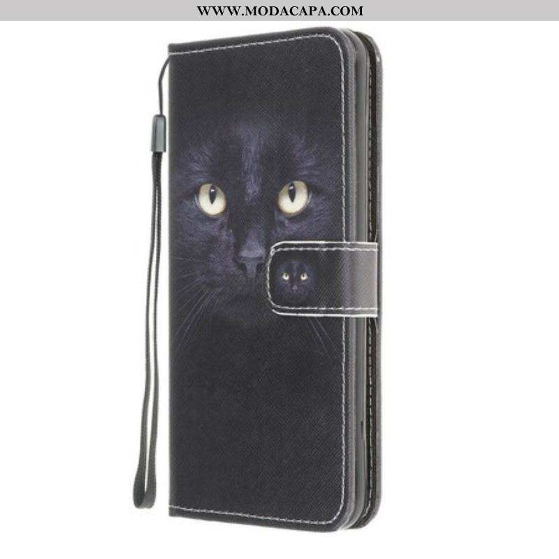 Capa Folio Para Samsung Galaxy A42 5G De Cordão Olhos De Gato Preto Com Tiras