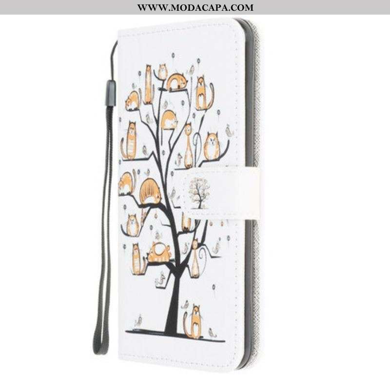 Capa Folio Para Samsung Galaxy A42 5G De Cordão Gatos Divertidos Com Alça