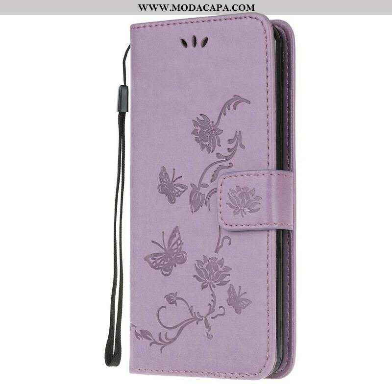 Capa Flip Para Samsung Galaxy A42 5G De Cordão Tanga Borboletas E Flores