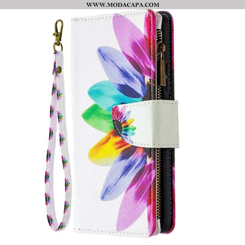 Capa Flip Para Samsung Galaxy A42 5G Bolso Com Zíper Flor