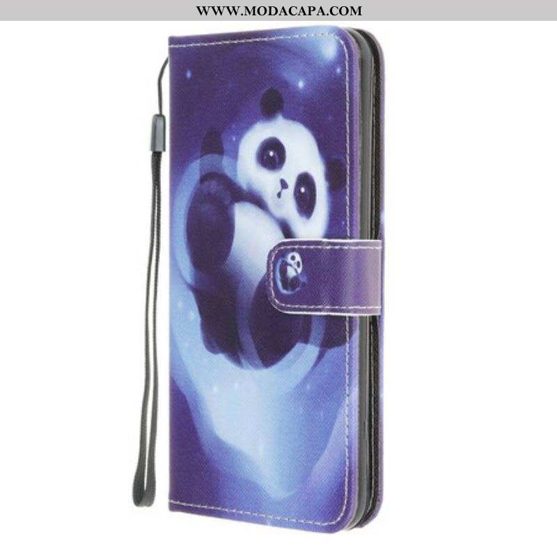 Capa Folio Para Samsung Galaxy A42 5G De Cordão Espaço Panda Com Lanyard