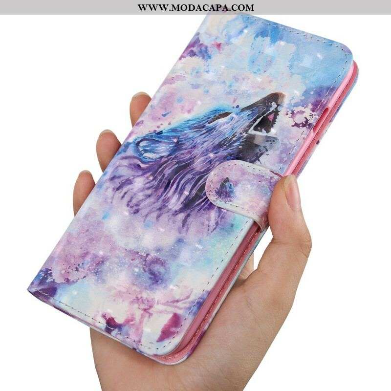 Capa Folio Para Samsung Galaxy A51 5G Aquarela Lobo