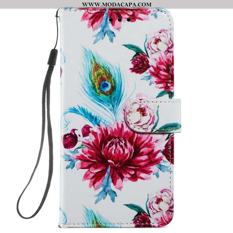 Capa De Couro Para Samsung Galaxy A54 5G De Cordão Strappy Floral