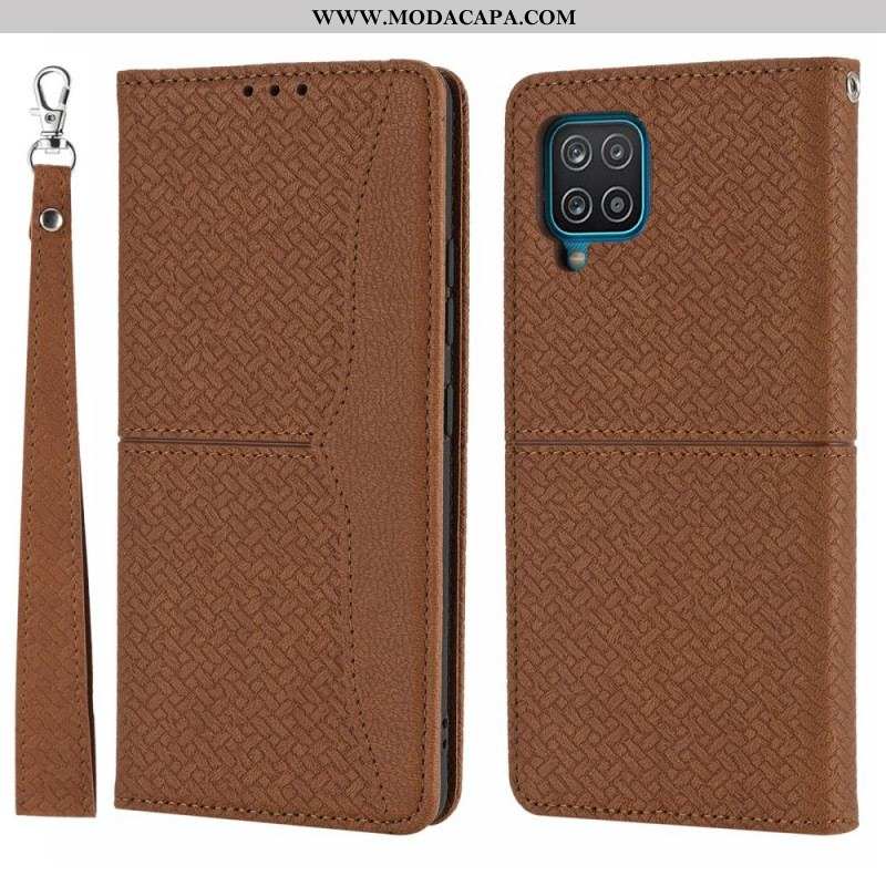 Capa De Celular Para Samsung Galaxy M12 / A12 De Cordão Flip Estilo De Couro Trançado Com Tiras