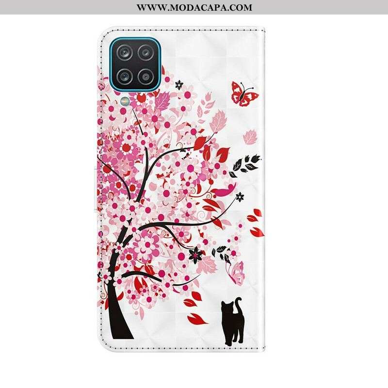 Capa De Couro Para Samsung Galaxy M12 / A12 Árvore Rosa