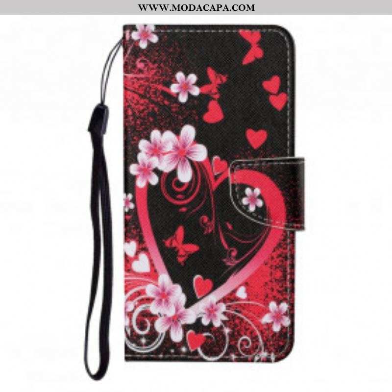 Capa Folio Para Samsung Galaxy M12 / A12 Flores E Corações Com Cordão