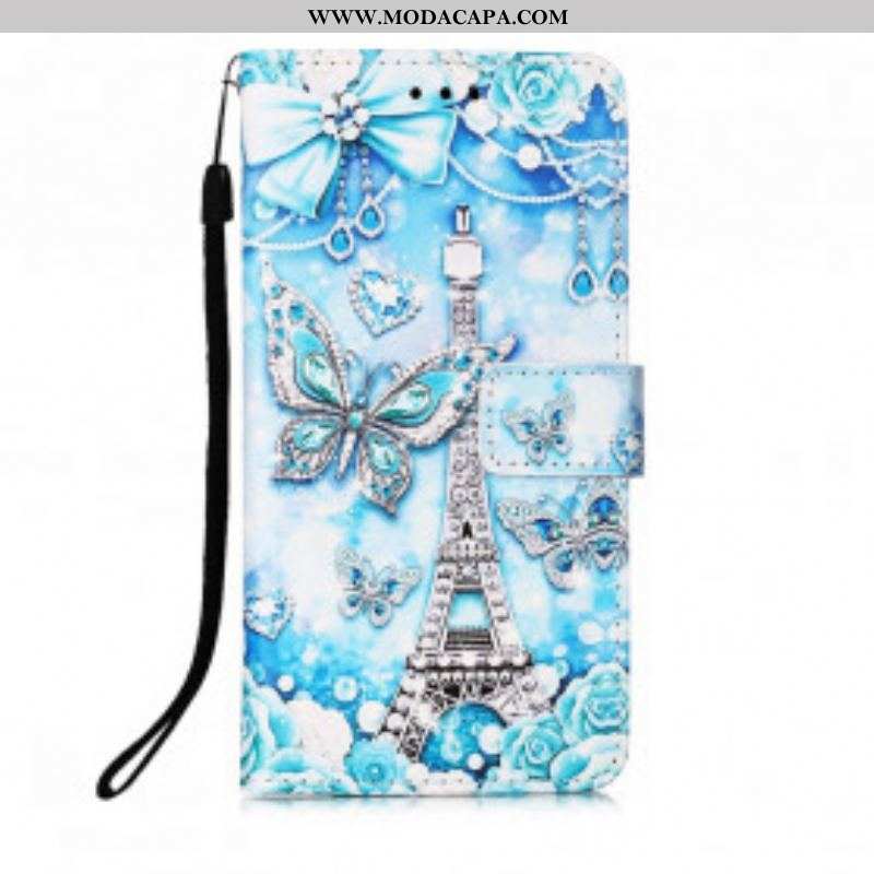 Capa Em Pele Para Samsung Galaxy M12 / A12 De Cordão Correia Borboleta Torre Eiffel