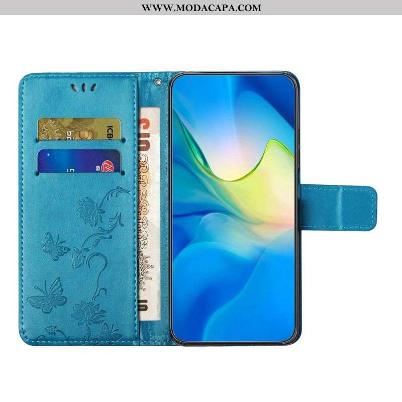 Capa De Couro Para Samsung Galaxy M13 De Cordão Flores De Tiras