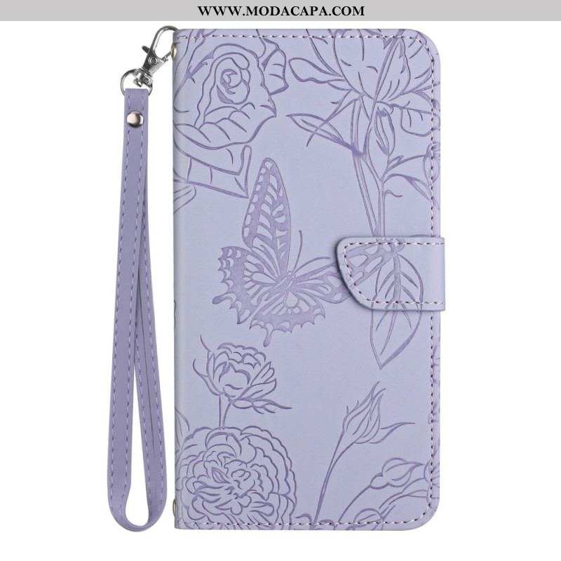 Capa Folio Para Samsung Galaxy M13 Borboletas Discretas E Cordão