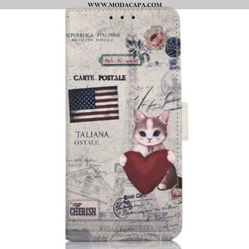 Capa Folio Para Samsung Galaxy M13 Gato Viajante