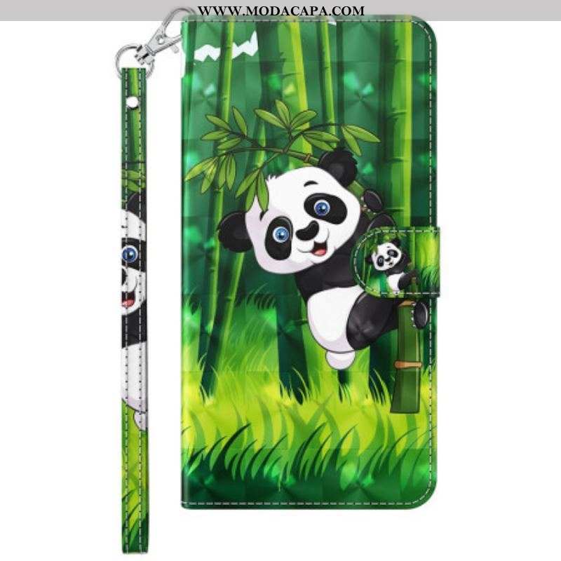 Capa Folio Para Samsung Galaxy M13 Panda E Bambu Com Lanyard