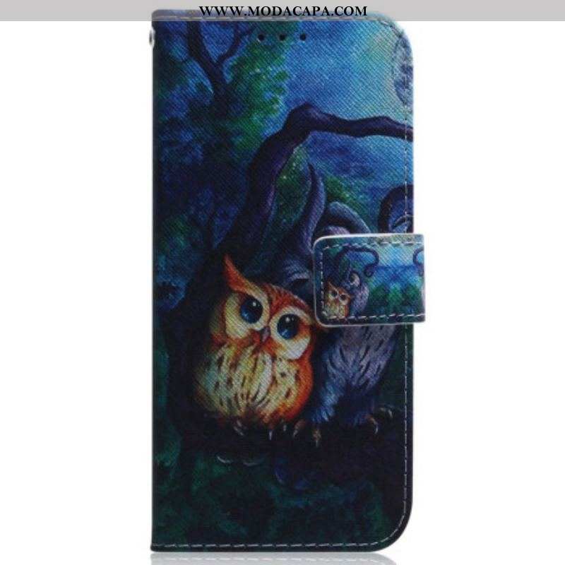 Capa Em Pele Para Samsung Galaxy M13 De Cordão Pintura De Corujas Strappy