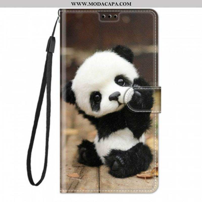 Capa Em Pele Para Samsung Galaxy M23 5G De Cordão Pequeno Panda Com Alça