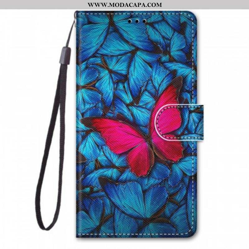 Capa De Couro Para Samsung Galaxy M23 5G Borboleta Vermelha Fundo Azul