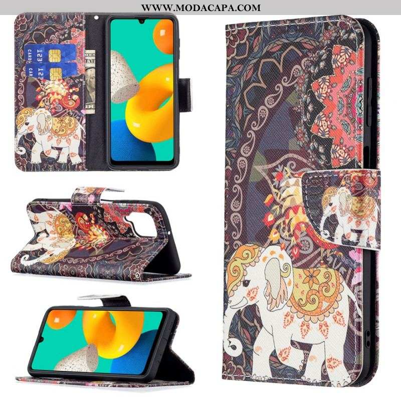 Capa De Couro Para Samsung Galaxy M32 Elefante Indiano