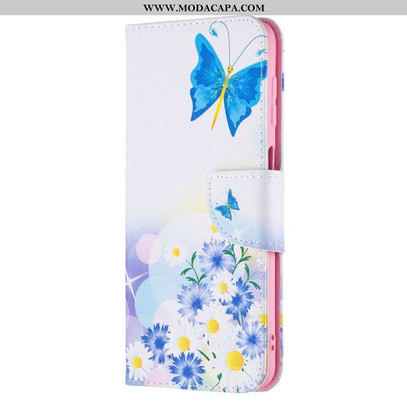 Capa De Couro Para Samsung Galaxy M32 Borboletas E Flores Pintadas