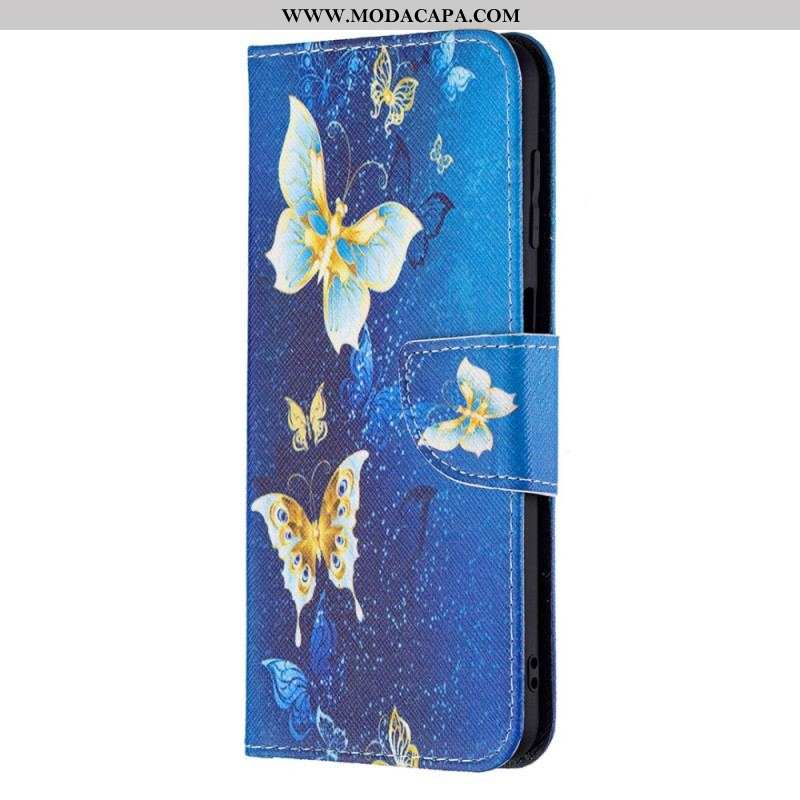 Capa De Couro Para Samsung Galaxy M32 Borboletas Douradas