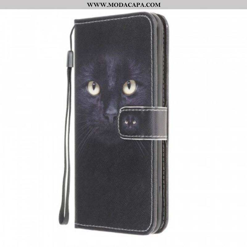 Capa De Couro Para Samsung Galaxy M32 De Cordão Olhos De Gato Preto Com Tiras