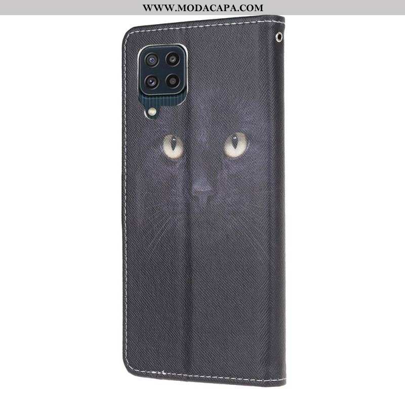 Capa De Couro Para Samsung Galaxy M32 De Cordão Olhos De Gato Preto Com Tiras