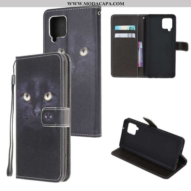 Capa De Couro Para Samsung Galaxy M32 De Cordão Olhos De Gato Preto Com Tiras