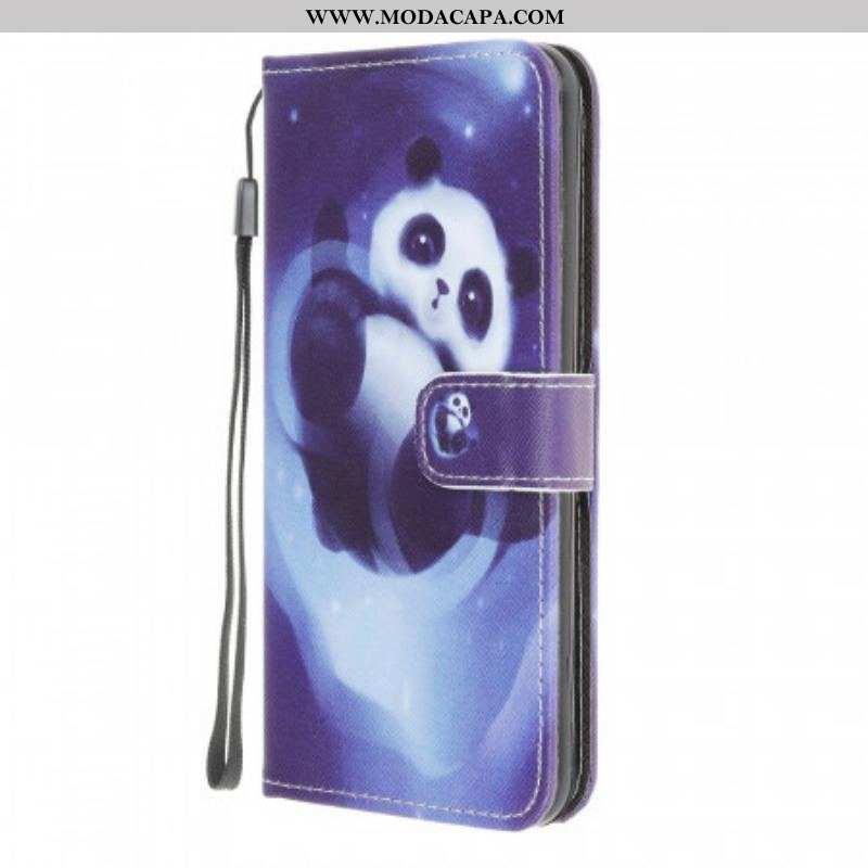 Capa De Couro Para Samsung Galaxy M32 De Cordão Espaço Panda Com Lanyard