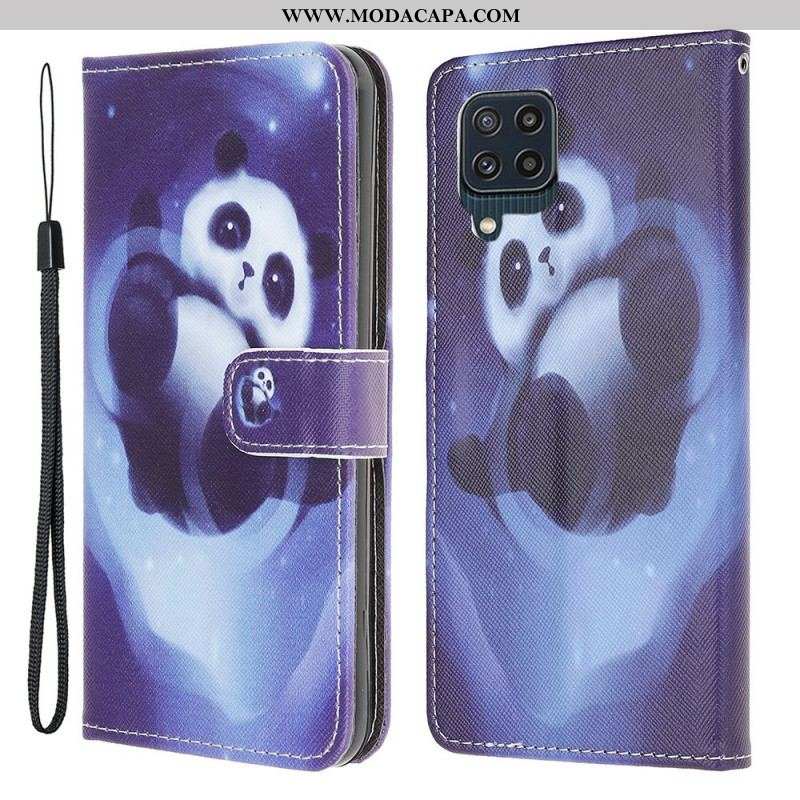 Capa De Couro Para Samsung Galaxy M32 De Cordão Espaço Panda Com Lanyard