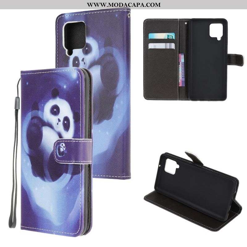 Capa De Couro Para Samsung Galaxy M32 De Cordão Espaço Panda Com Lanyard