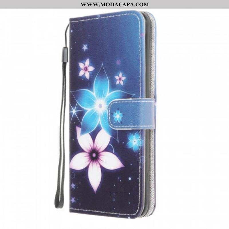 Capa Flip Para Samsung Galaxy M32 De Cordão Flores De Cinta Lunar