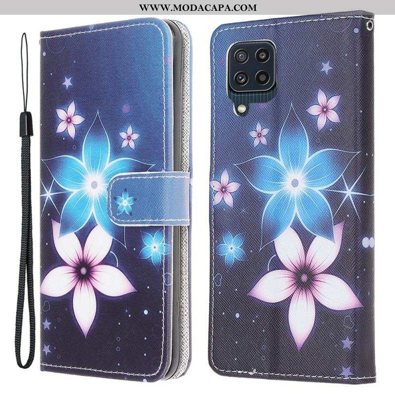 Capa Flip Para Samsung Galaxy M32 De Cordão Flores De Cinta Lunar