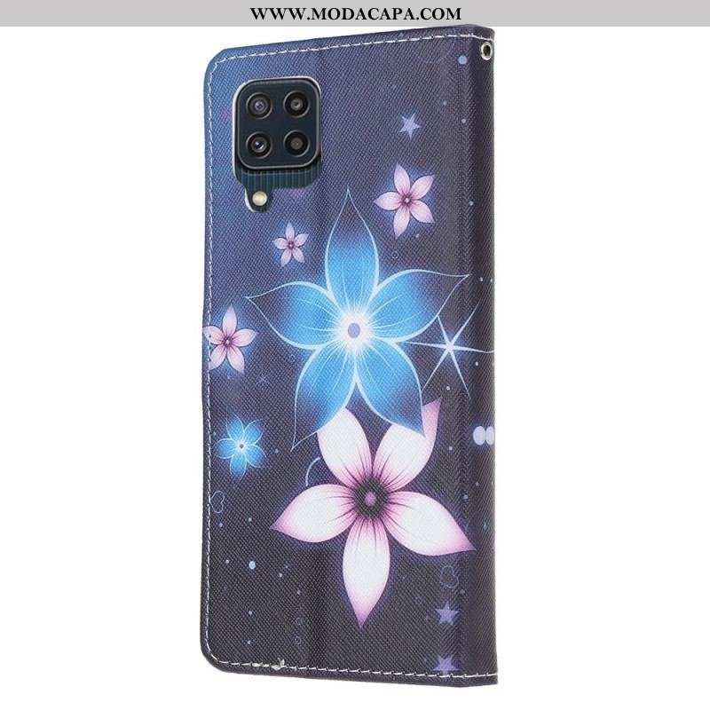 Capa Flip Para Samsung Galaxy M32 De Cordão Flores De Cinta Lunar