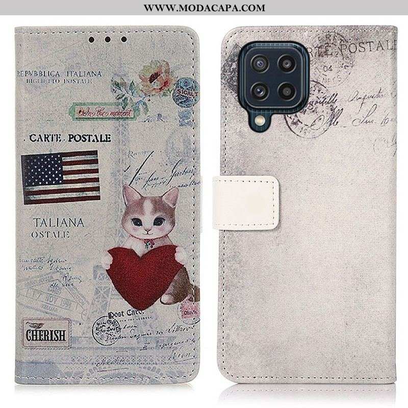 Capa Folio Para Samsung Galaxy M32 Gato Viajante