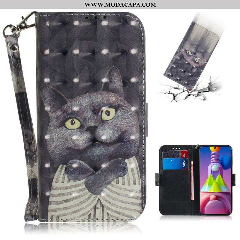 Capa De Couro Para Samsung Galaxy M51 De Cordão Gato Cinzento Com Alça