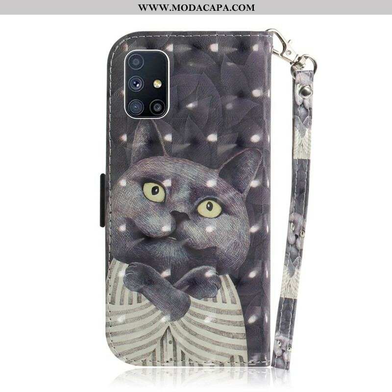 Capa De Couro Para Samsung Galaxy M51 De Cordão Gato Cinzento Com Alça