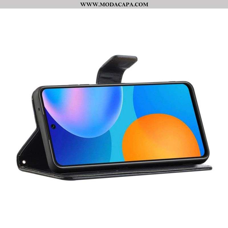 Capa Folio Para Samsung Galaxy M52 5G De Cordão Pulseira Borboletas E Flores