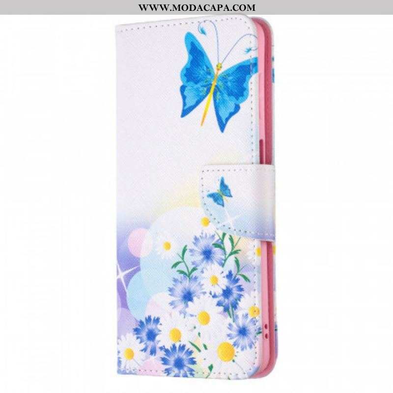 Capa De Couro Para Samsung Galaxy M52 5G Borboleta E Flores