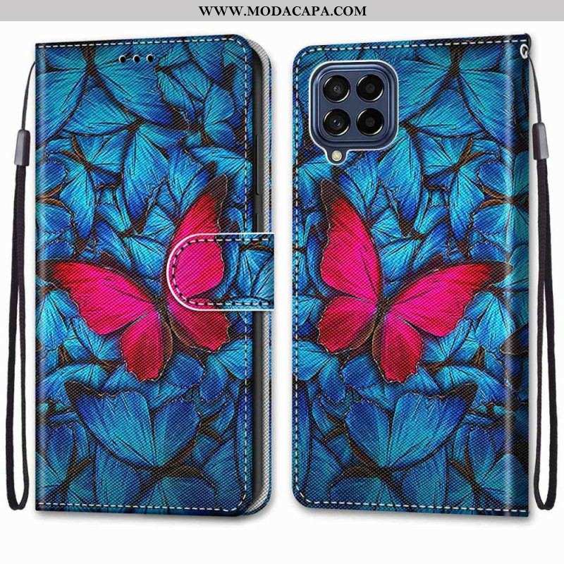 Capa De Couro Para Samsung Galaxy M53 5G Borboleta Vermelha Fundo Azul