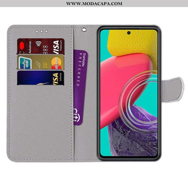 Capa De Couro Para Samsung Galaxy M53 5G Borboleta Vermelha Fundo Azul