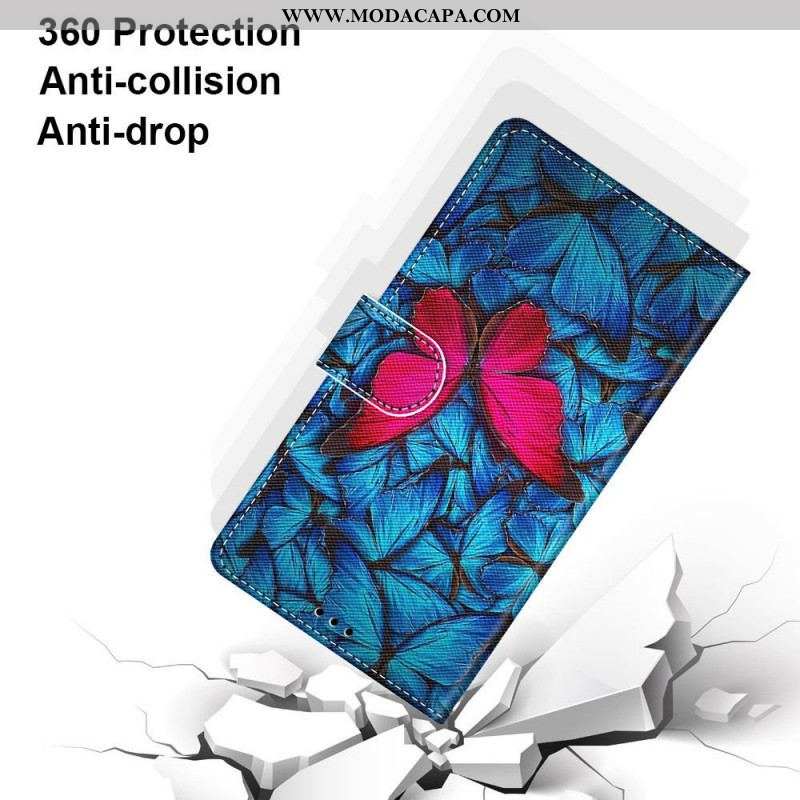 Capa De Couro Para Samsung Galaxy M53 5G Borboleta Vermelha Fundo Azul