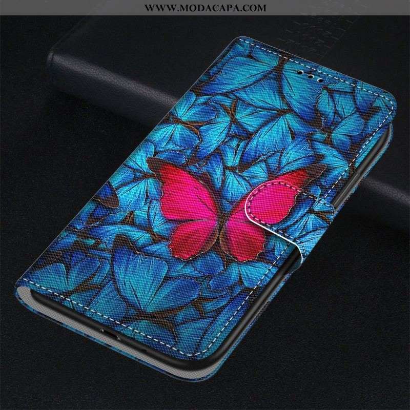 Capa De Couro Para Samsung Galaxy M53 5G Borboleta Vermelha Fundo Azul