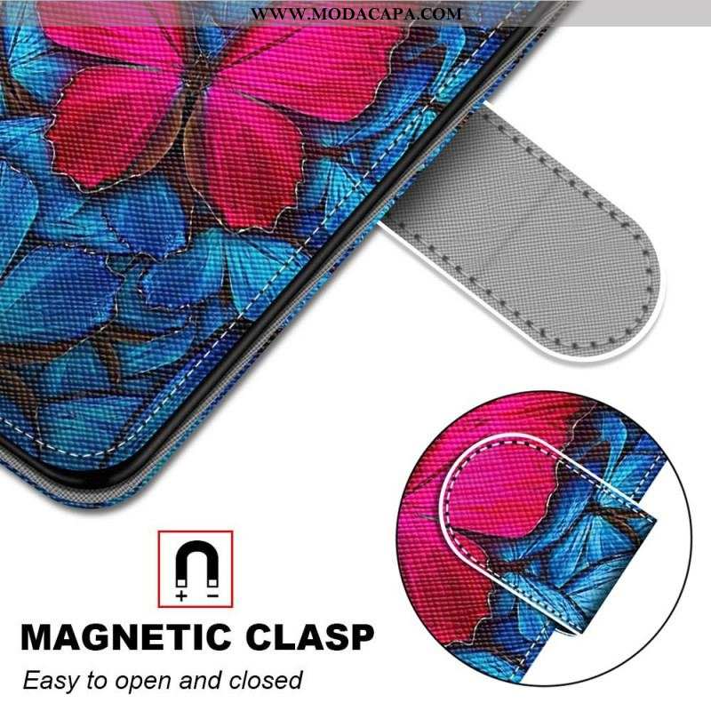 Capa De Couro Para Samsung Galaxy M53 5G Borboleta Vermelha Fundo Azul