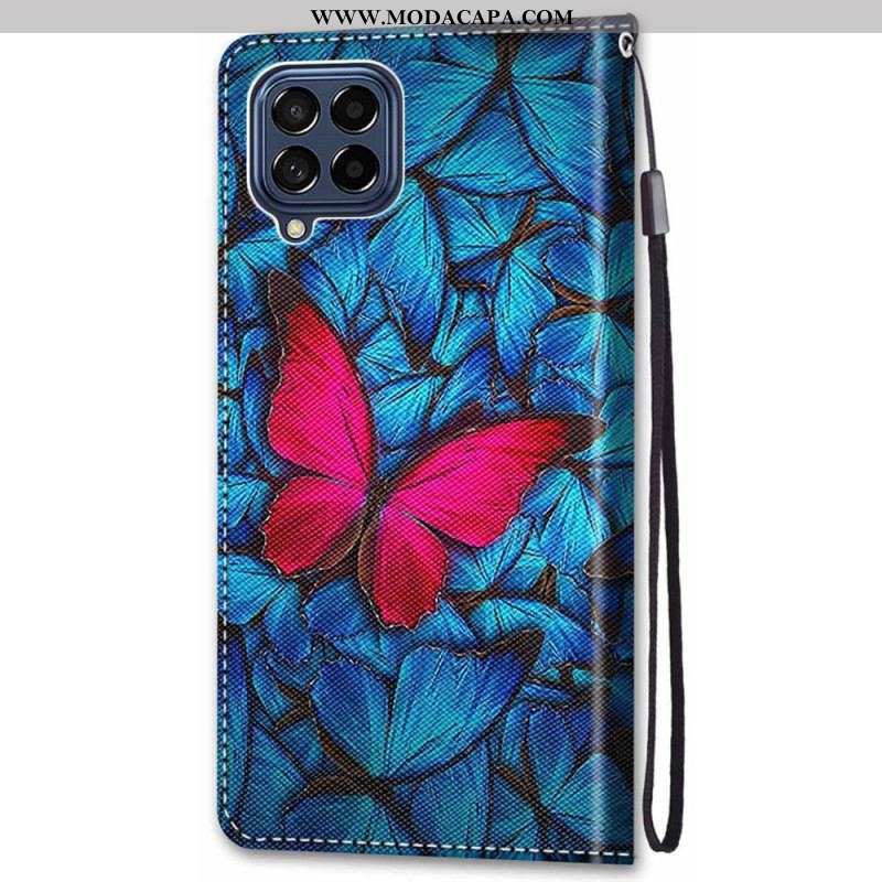 Capa De Couro Para Samsung Galaxy M53 5G Borboleta Vermelha Fundo Azul