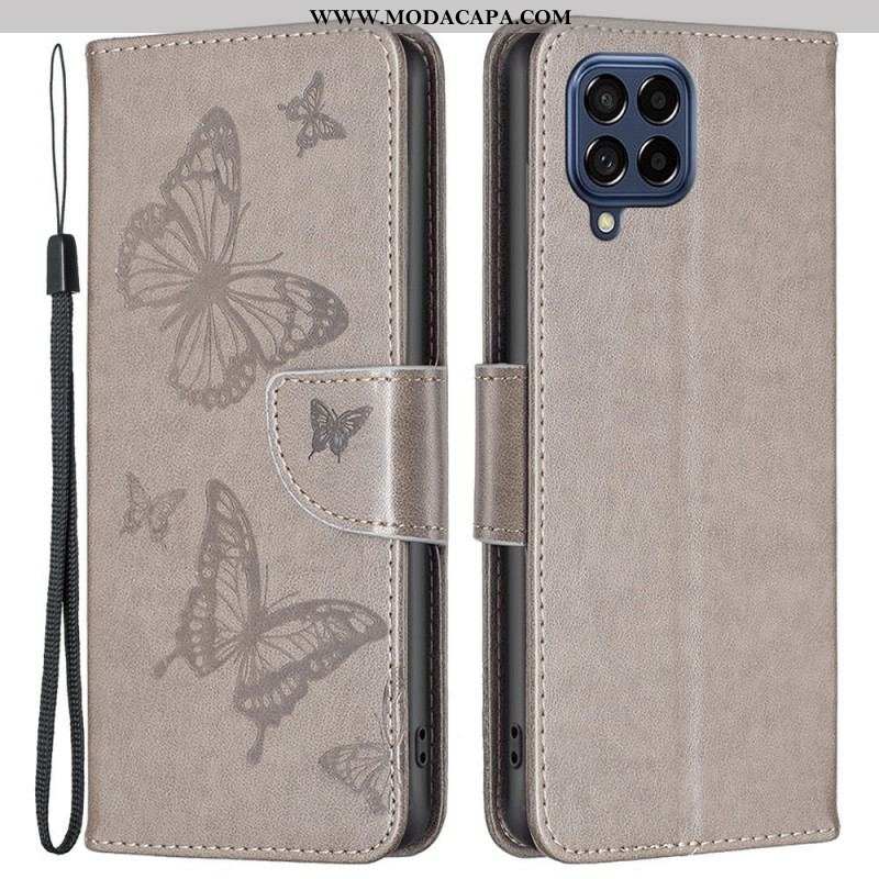 Capa De Couro Para Samsung Galaxy M53 5G De Cordão Strappy Estampado Borboletas